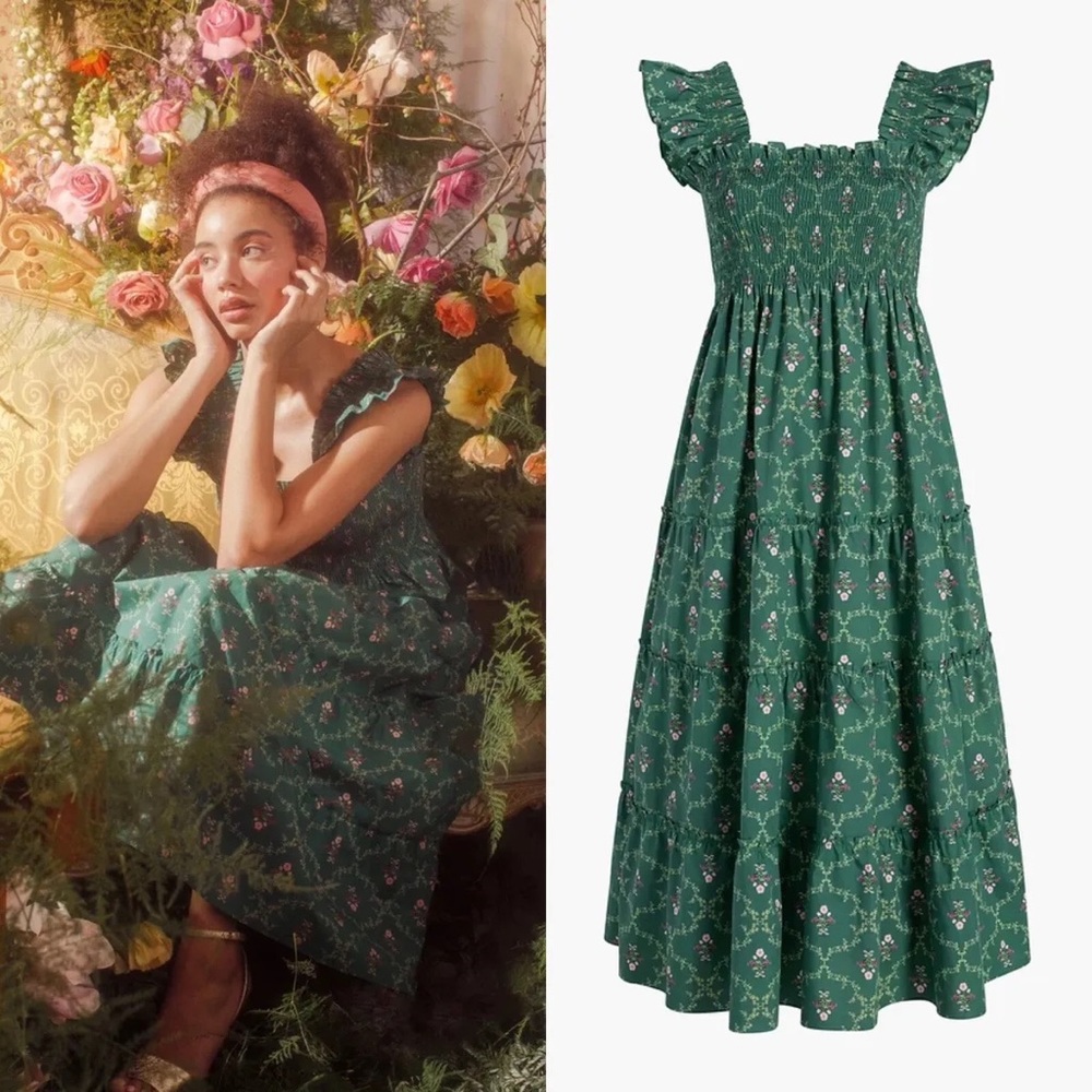 Hill House home Ellie nap dress Green Floral Smocked Tiered Midi Dress